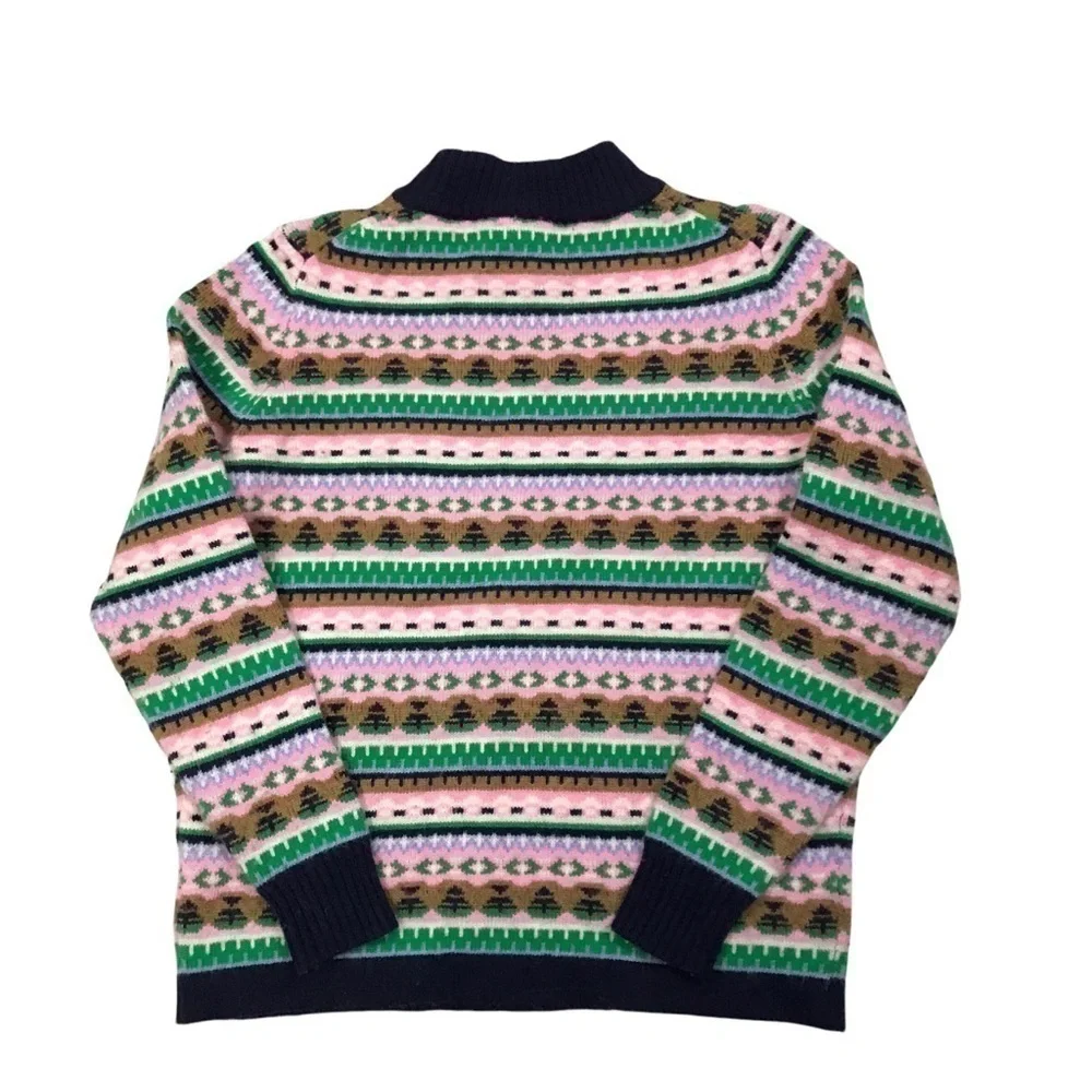 J Crew Mock Neck Fair Isle Green Pink Navy Blue Knit Pullover Sweater Small.